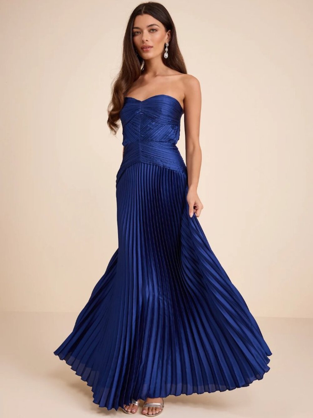 Lulus Elkay Navy Blue Pleated Satin Drop Waist Maxi Dress Size XS
